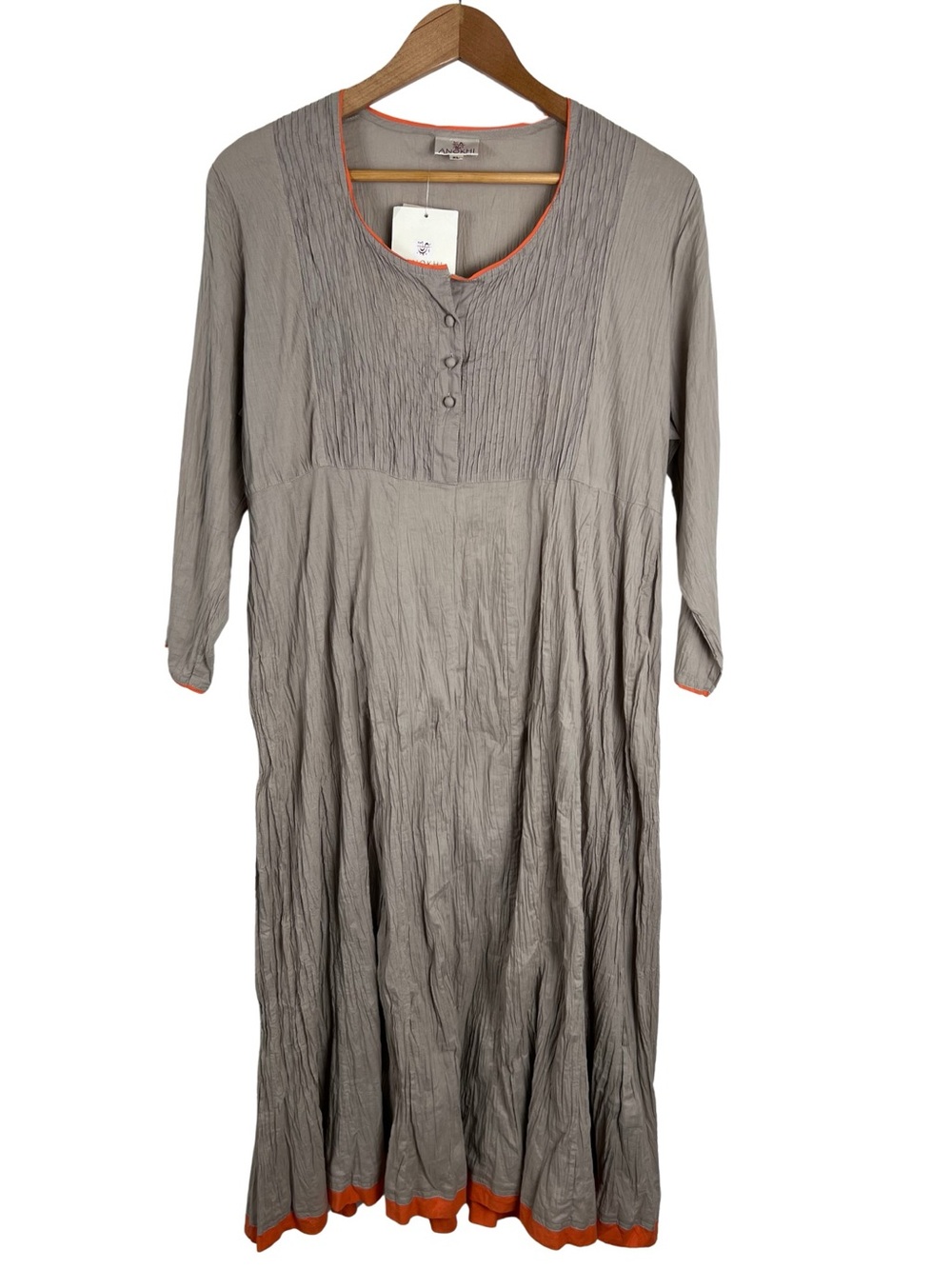 Anokhi NWT Organic Cotton Midi Dress XL Gray Orange Trim Anarkali